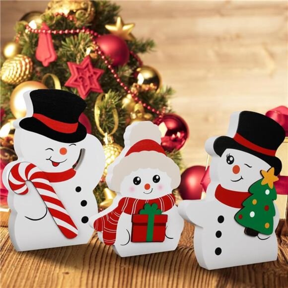 Christmas Snowman Decorations Set of 3 Wooden Tiered Tray Winter Table Decor - Picture 1 of 7